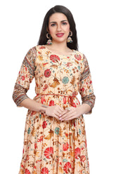 Peach Kalamkari Floral Frock Style Dress with Belt